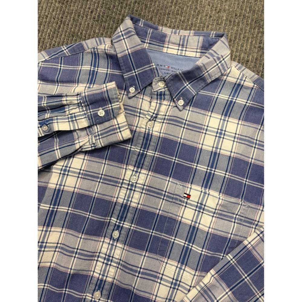 Tommy Hilfiger Mens Blue Plaid Comfort Wash Slim Fit Button Down Shirt Large